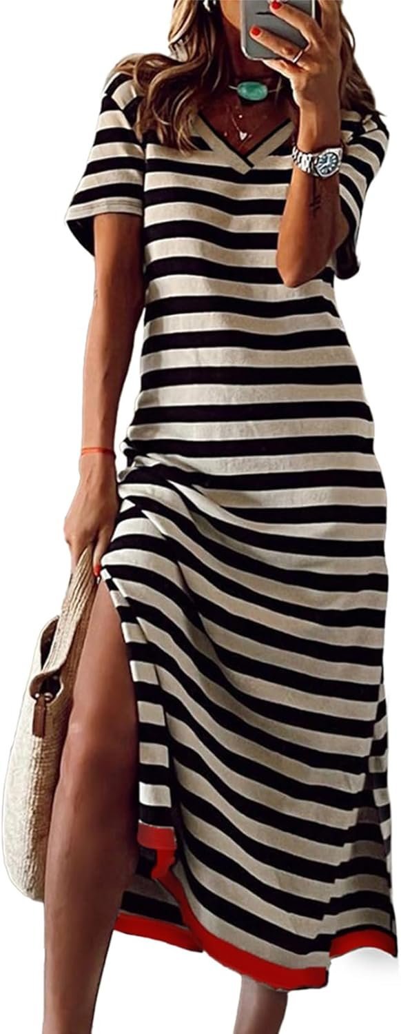 Connecteri  Summer Dress Casual Womens Fashion Short Sleeve Maxi Dress T Shirt Dress Striped Long Color Block Maxi Dress