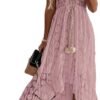 Connecteri  Women's Maxi Dress Lace Dresses Boho Tassel V-Neck Flare Ruffle Adjustable Straps Beach Summer Long Dress