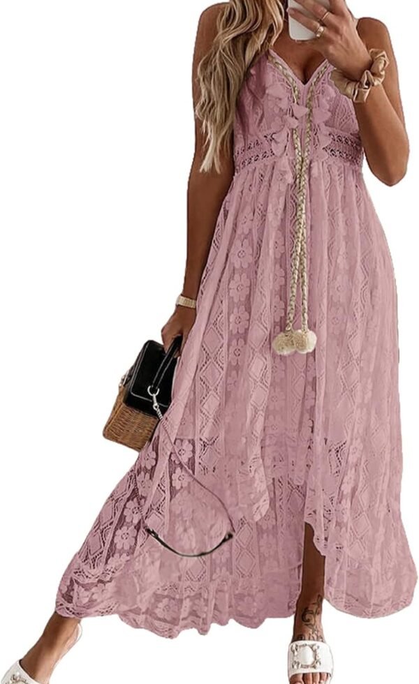 Connecteri  Women's Maxi Dress Lace Dresses Boho Tassel V-Neck Flare Ruffle Adjustable Straps Beach Summer Long Dress