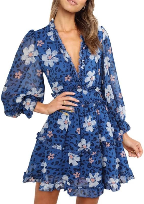 Connecteri  Womens 2024 Spring Summer Deep V Neck Ruffle Floral Flowy Mini Dress