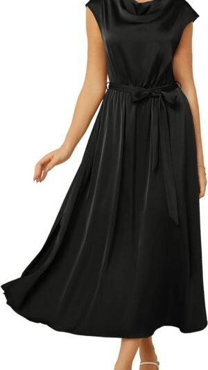 Connecteri  KARIN Women's 2024 Satin Midi Dress Summer Cap Sleeve Cowl Neck Belted Slit Elegant A-Line Flowy Dress with Pockets