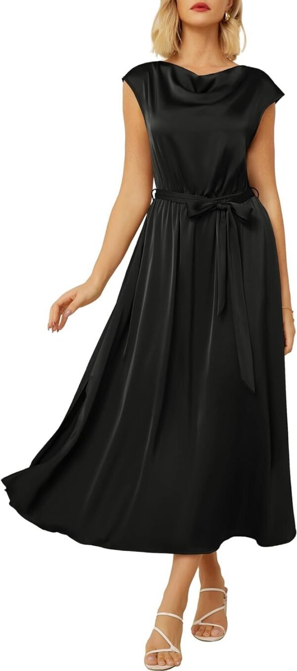 Connecteri  KARIN Women's 2024 Satin Midi Dress Summer Cap Sleeve Cowl Neck Belted Slit Elegant A-Line Flowy Dress with Pockets