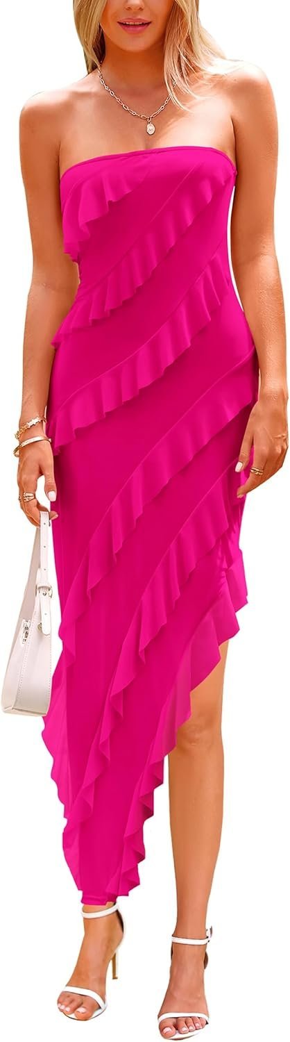Connecteri  Womens Strapless Tube Asymmetrical Ruffle Maxi Bodycon Dress