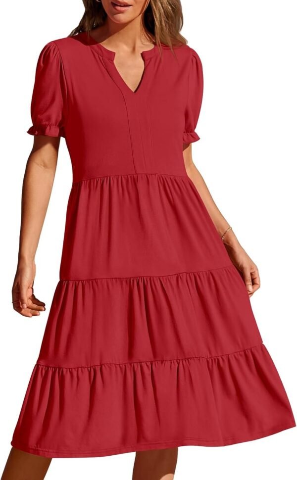Connecteri  Women's 2024 Summer Short Puff Sleeve Midi Dress Casual V Neck High Waist Tiered Swing A Line Dresses