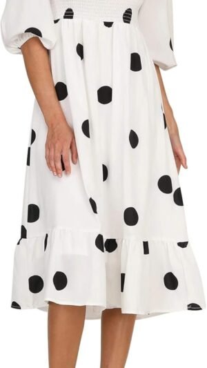 Connecteri  Women's Summer Cotton Puff Sleeves Casual Vintage Polka Dots Print Off Shoulder Midi Dress