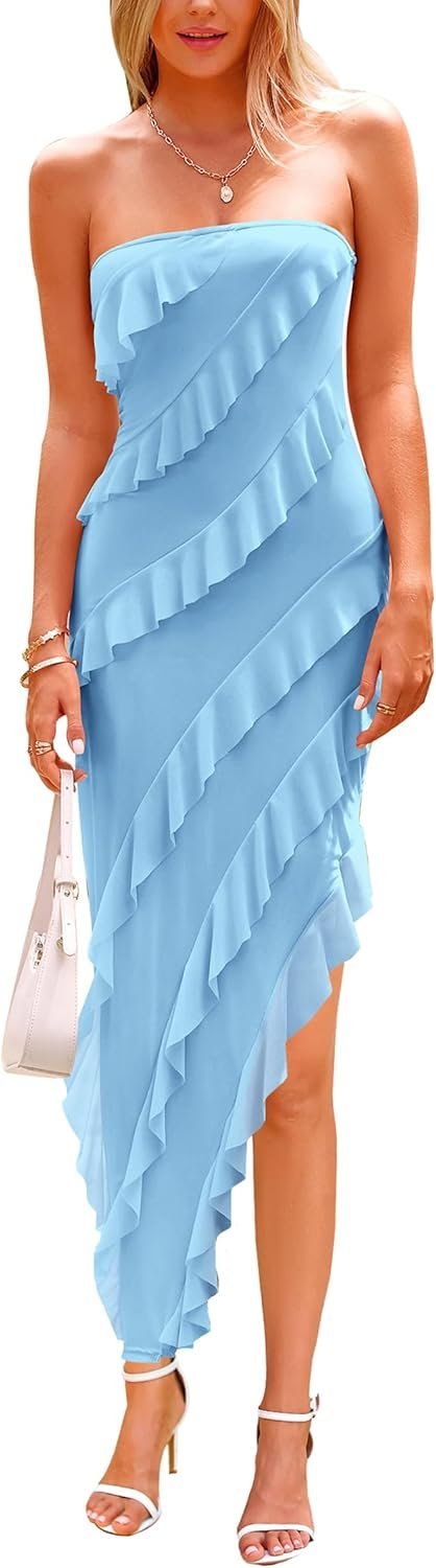 Connecteri?Womens Strapless Tube Asymmetrical Ruffle Maxi Bodycon Dress