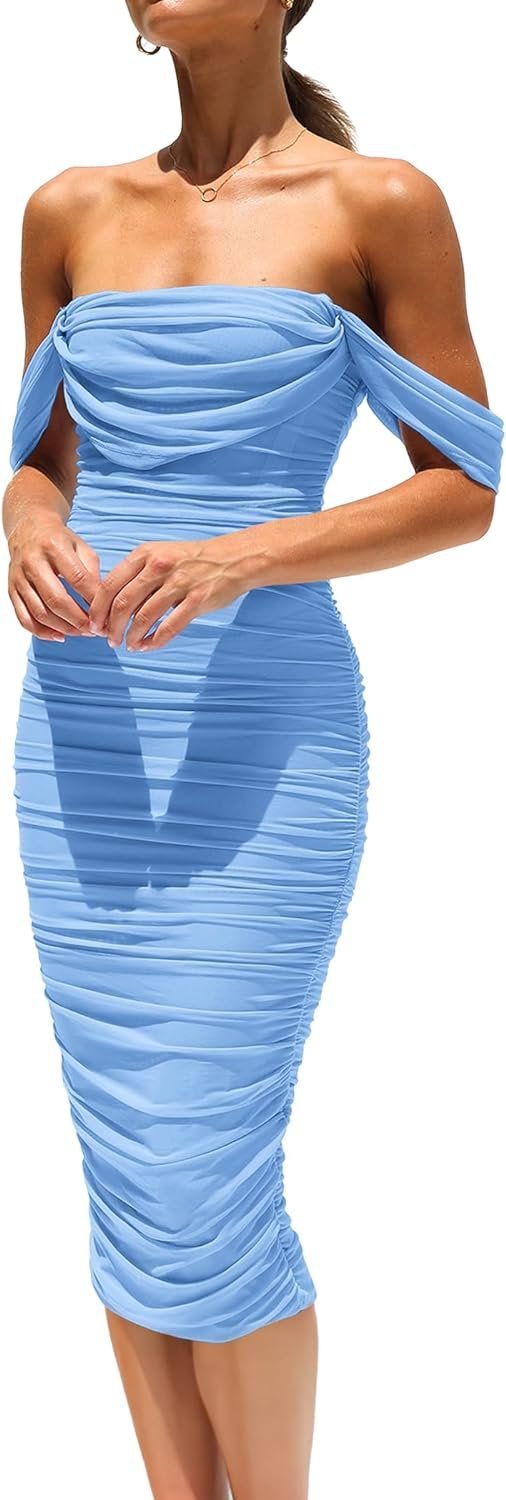 Connecteri?Womens Summer Off The Shoulder Ruched Bodycon Dresses Sleeveless Fitted Party Club Midi