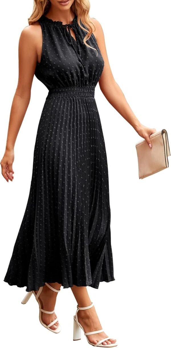 Connecteri?Womens Midi Summer V Neck Swiss Dot Ruffle Sleeveless A Line Beach Sun Dress