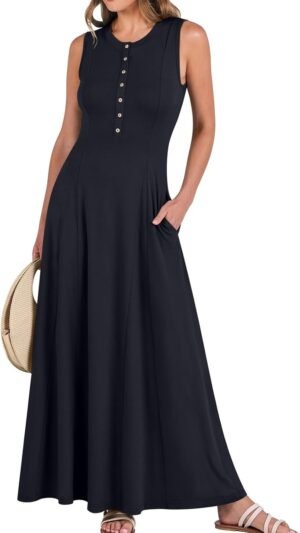 Connecteri  Women Summer Casual Sleeveless Maxi Sundress Button Fit & Flare A-Line Flowy Long Dresses 2024 Beach Outfits