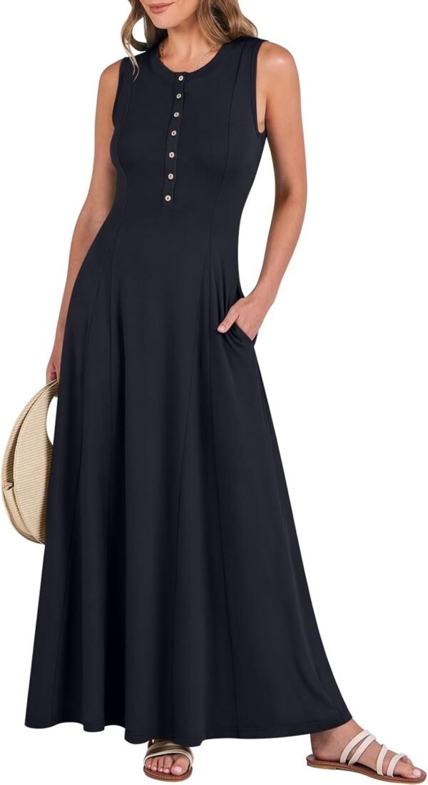 Connecteri  Women Summer Casual Sleeveless Maxi Sundress Button Fit & Flare A-Line Flowy Long Dresses 2024 Beach Outfits