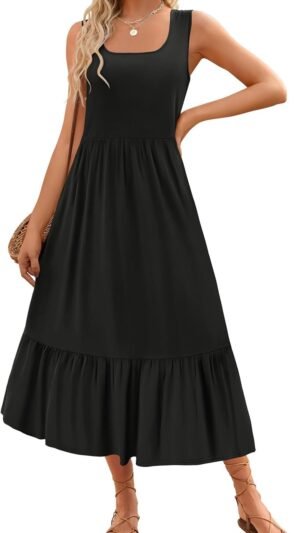 Connecteri Women's 2024 Summer Sleeveless Dress Square Neck Pleated Swing Casual Maxi Dresses with Pockets