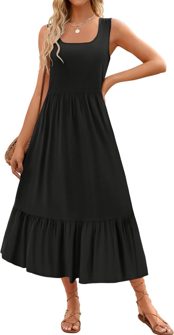 Connecteri Women's 2024 Summer Sleeveless Dress Square Neck Pleated Swing Casual Maxi Dresses with Pockets