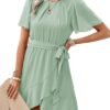 Connecteri  Womens Summer Dresses 2024 Crewneck Short Sleeve Waist Tie Ruffle Casual Chiffon A-Line Swing Mini Dress