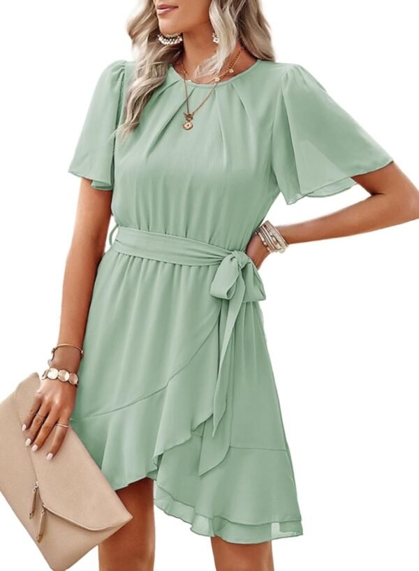Connecteri  Womens Summer Dresses 2024 Crewneck Short Sleeve Waist Tie Ruffle Casual Chiffon A-Line Swing Mini Dress