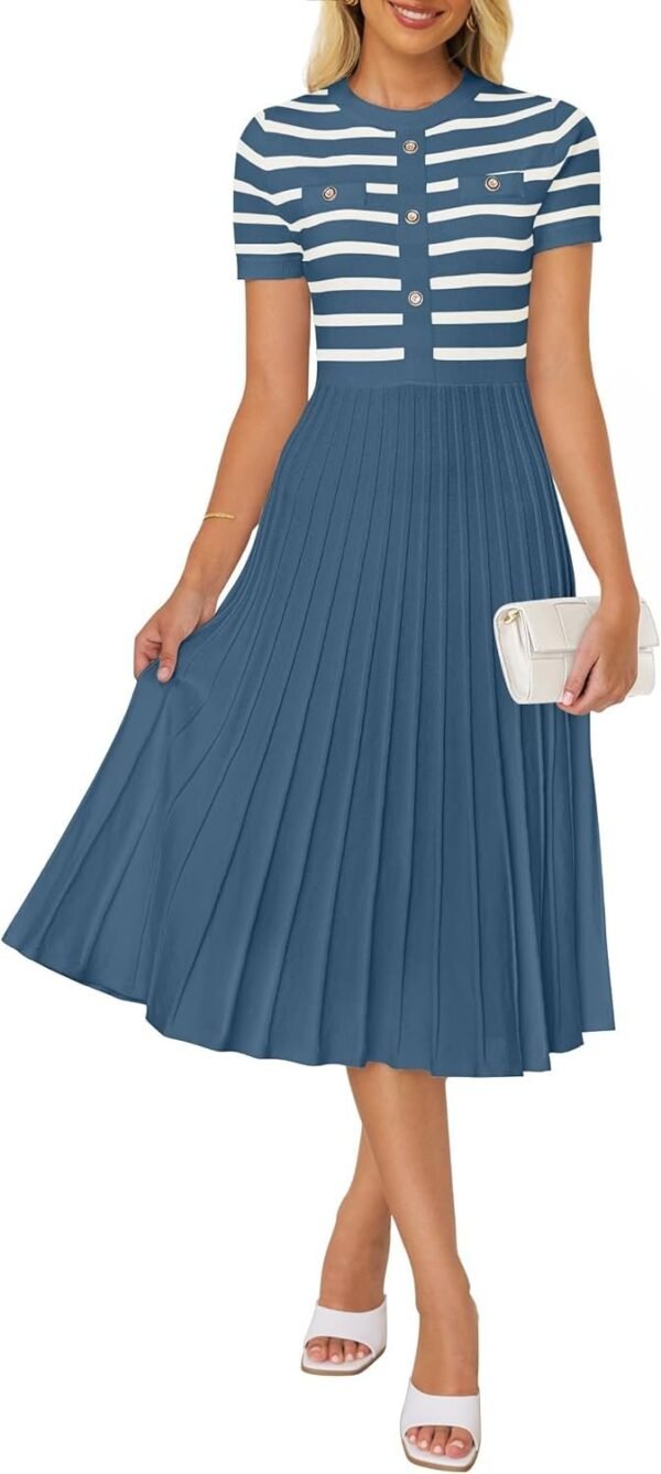 Connecteri Women's Casual Striped Midi Dress Crewneck Short Sleeve Button Ribbed Knit Swing Pleated A Line Dresses