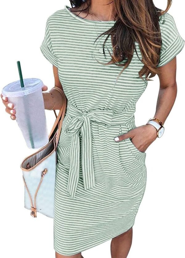 Connecteri  Women's Summer Striped Short Sleeve T Shirt Dress Casual Tie Waist with Pockets