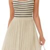 Connecteri Women's Summer Sleeveless Mini Dress 2024 Square Neck Striped Knit A Line Pleated Tank Dresses