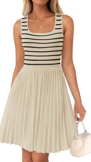 Connecteri Women's Summer Sleeveless Mini Dress 2024 Square Neck Striped Knit A Line Pleated Tank Dresses