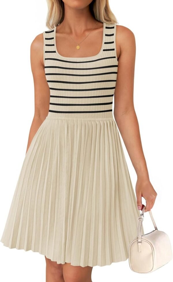 Connecteri Women's Summer Sleeveless Mini Dress 2024 Square Neck Striped Knit A Line Pleated Tank Dresses