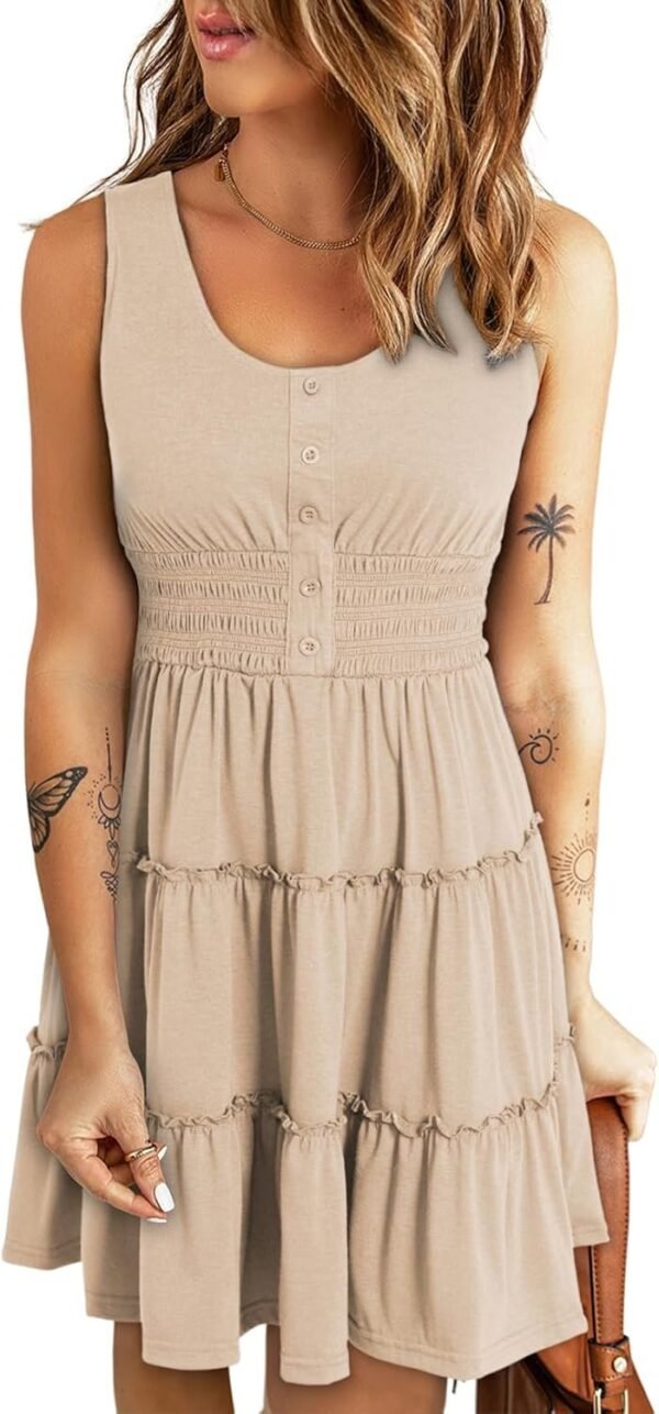 Connecteri  Womens Summer Dresses 2024 Sleeveless Button Down Smocked Elastic Waist Ruffle Tiered Casual Swing Mini Dress