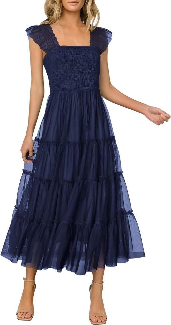Connecteri?Womens 2024 Summer Casual Sleeveless Smocked Ruffle Tulle Flowy Beach Sundress