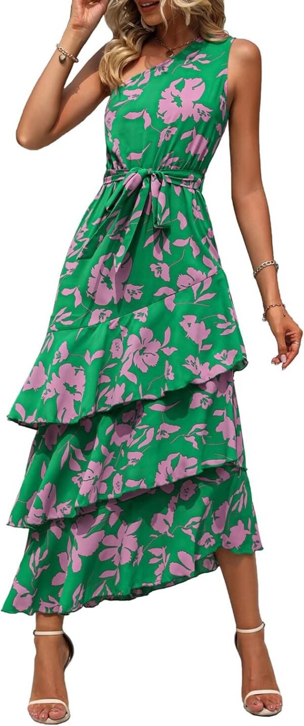 Connecteri?Womens Summer Floral One Shoulder Tiered Ruffle Flowy Midi Beach Boho Dress