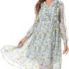 Connecteri  Women Floral Print V Neck Long Sleeves Ruffles Pleated Chiffon Flowy Swing Midi Dress