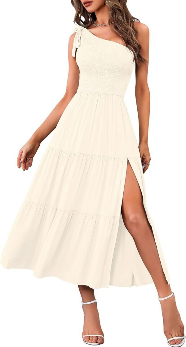 Connecteri  Women's Summer One Shoulder Sleeveless Knot Smocked Midi Dress Split Tiered Flowy Dresses