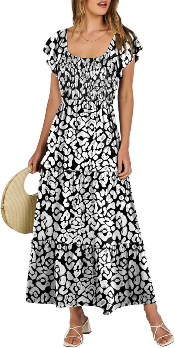 Connecteri  Women??s 2024 Summer Casual Maxi Dress Flutter Sleeve Scoop Neck Smocked Tiered A Line Flowy Beach Long Sun Dresses