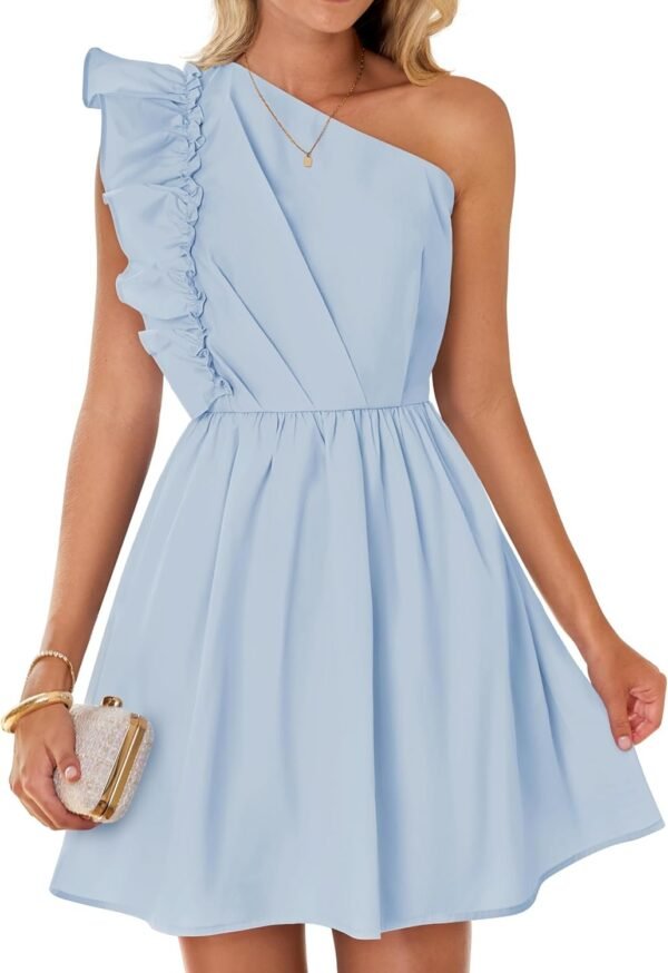 Connecteri Women's Summer One Shoulder Ruffle Dress 2024 Boho Sleeveless Elastic High Waist Swing Mini Dresses