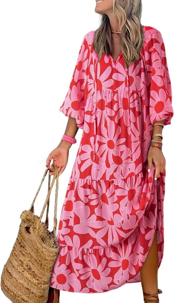 Connecteri  Women Boho Maxi Dresses 2024 V Neck Long Puff Sleeve Smocked Ruffle Flowy Casual Dress