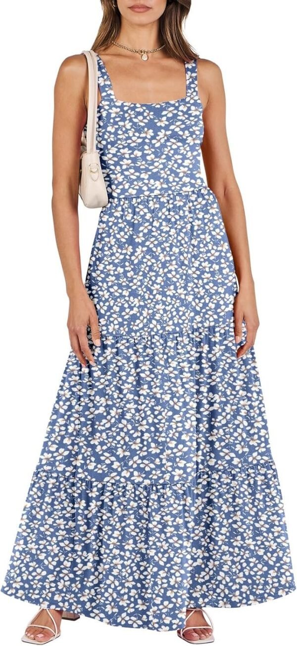 Connecteri  Women's Summer Casual Long Maxi Beach Vacation Dresses Sleeveless Square Neck Flowy Tiered Sun Dress with Pockets