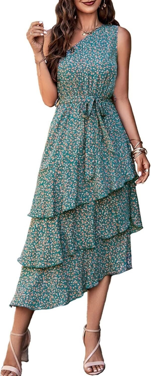 Connecteri?Womens Summer Floral One Shoulder Tiered Ruffle Flowy Midi Beach Boho Dress