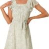Connecteri  K Women's Floral Chiffon Flutter Sleeve Belted Square Neck Ruffled Hem Dress