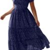 Connecteri  Dresses for Women 2023 Wedding Guest Summer V Neck Short Sleeve Smocked Ruffle Hem A-Line Polka Dot Boho Maxi Dress