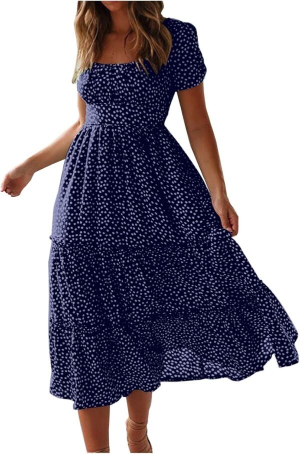 Connecteri  Dresses for Women 2023 Wedding Guest Summer V Neck Short Sleeve Smocked Ruffle Hem A-Line Polka Dot Boho Maxi Dress