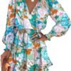 Connecteri  Womens Summer Dresses 2024 Boho Floral Drawstring V Neck Smocked Long Sleeve Ruffle Tiered Chiffon Mini Short Dress