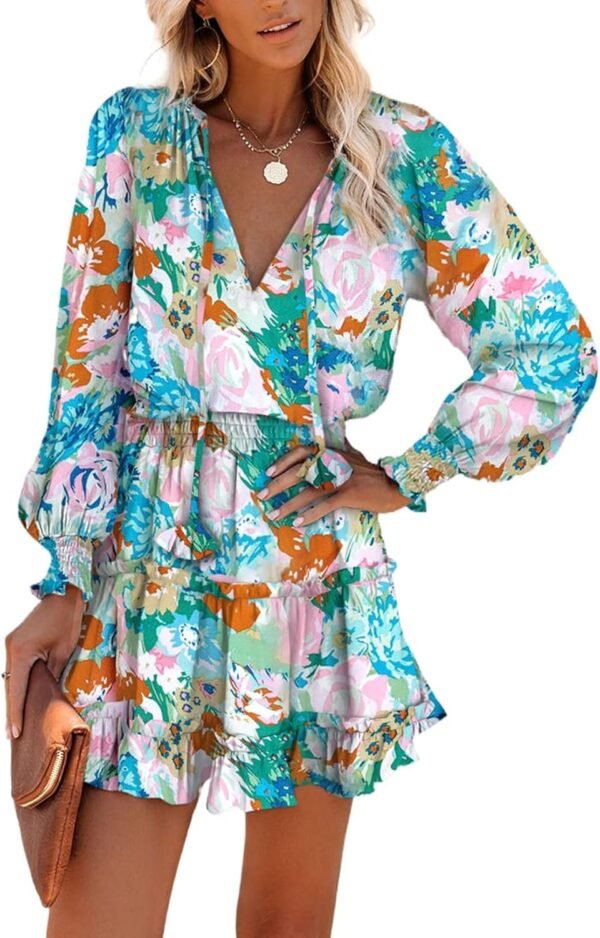 Connecteri  Womens Summer Dresses 2024 Boho Floral Drawstring V Neck Smocked Long Sleeve Ruffle Tiered Chiffon Mini Short Dress