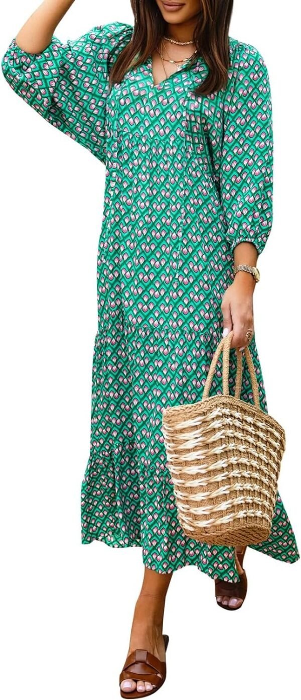 Connecteri  Womens Loose Fit Casual Summer V Neck Half Sleeve Bohemian Geometric Pattern Maxi Long Dresses