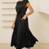 Connecteri  KARIN Women's 2024 Satin Midi Dress Summer Cap Sleeve Cowl Neck Belted Slit Elegant A-Line Flowy Dress with Pockets
