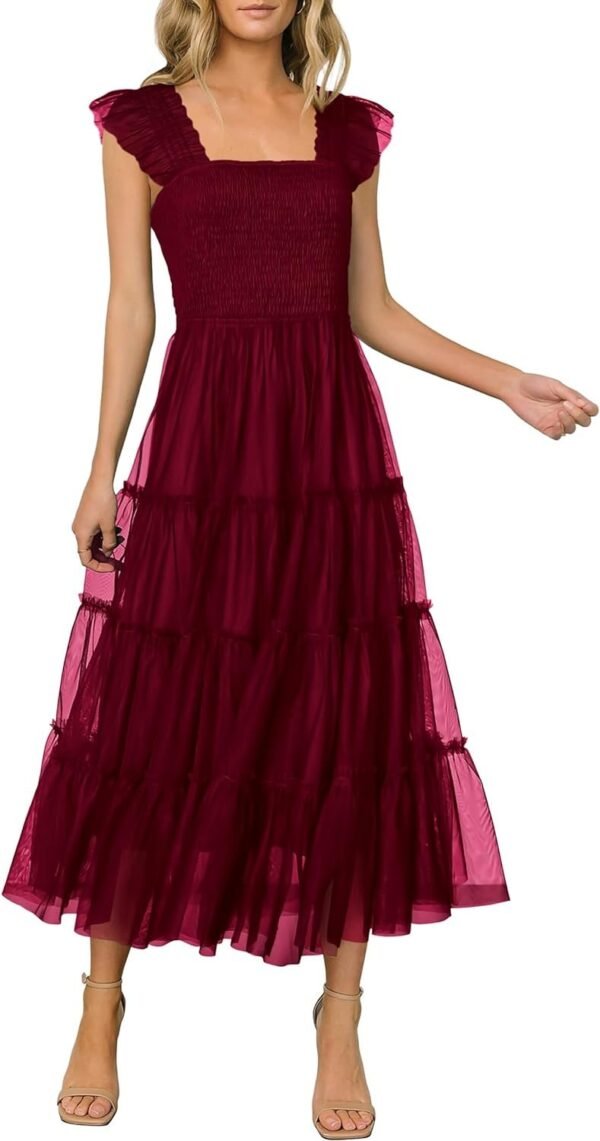 Connecteri?Womens 2024 Summer Casual Sleeveless Smocked Ruffle Tulle Flowy Beach Sundress
