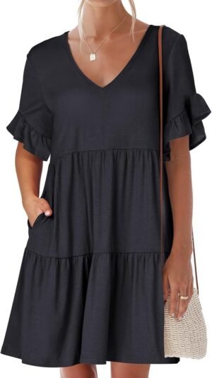 Connecteri  Women's 2024 Summer Trendy V Neck Ruffle Short Sleeve A Line Tiered Flowy Casual Mini Beach Dress with Pockets