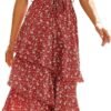 Connecteri?Womens Summer Floral One Shoulder Tiered Ruffle Flowy Midi Beach Boho Dress