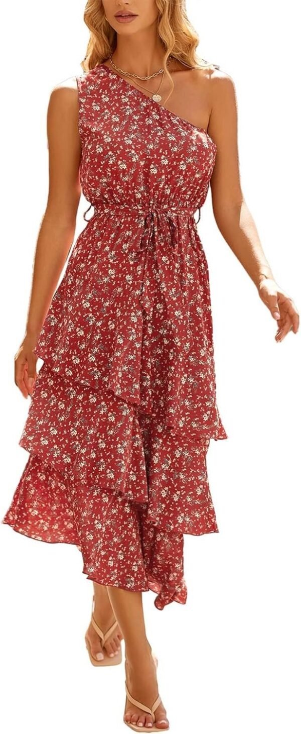 Connecteri?Womens Summer Floral One Shoulder Tiered Ruffle Flowy Midi Beach Boho Dress