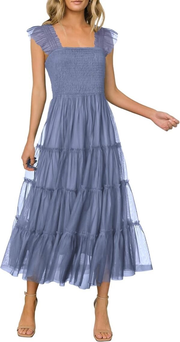 Connecteri?Womens 2024 Summer Casual Sleeveless Smocked Ruffle Tulle Flowy Beach Sundress