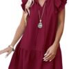 Connecteri  Womens Summer V-Neck Drawstring Ruffle Cap Short Sleeve Casual Shift Mini Dress with Pockets