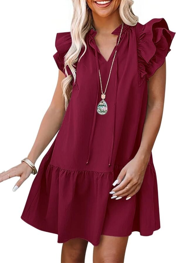 Connecteri  Womens Summer V-Neck Drawstring Ruffle Cap Short Sleeve Casual Shift Mini Dress with Pockets