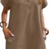 Connecteri  Womens Cotton Shirt Dress Summer Casual Short Sleeve Button Down Beach Cover Up Shirts with Pockets