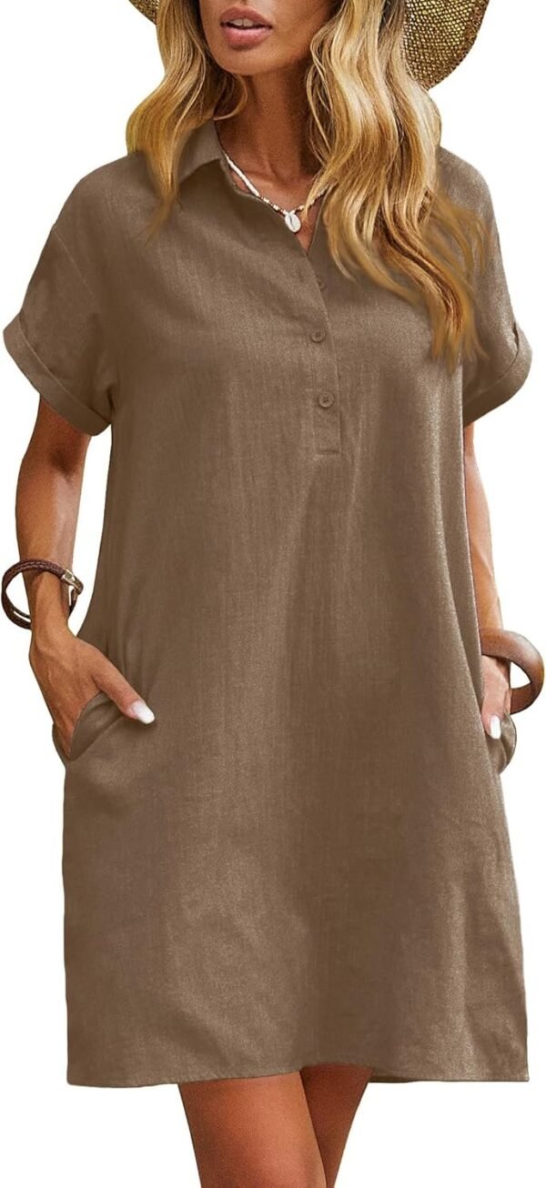 Connecteri  Womens Cotton Shirt Dress Summer Casual Short Sleeve Button Down Beach Cover Up Shirts with Pockets
