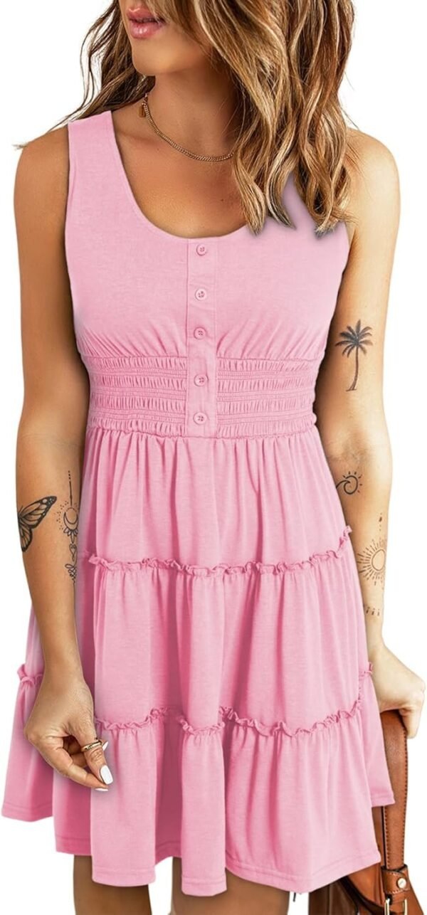 Connecteri  Womens Summer Dresses 2024 Sleeveless Button Down Smocked Elastic Waist Ruffle Tiered Casual Swing Mini Dress